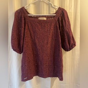Loft puffed sleeve lace top in the color plum.